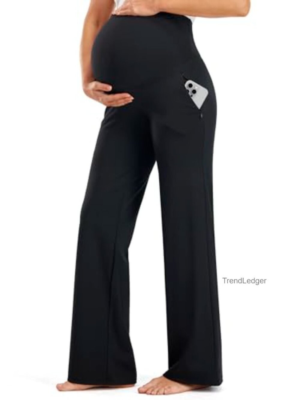 Wide-Leg Maternity Work Pants Soft Pregnancy Yoga Pants Zippered Pockets Over
